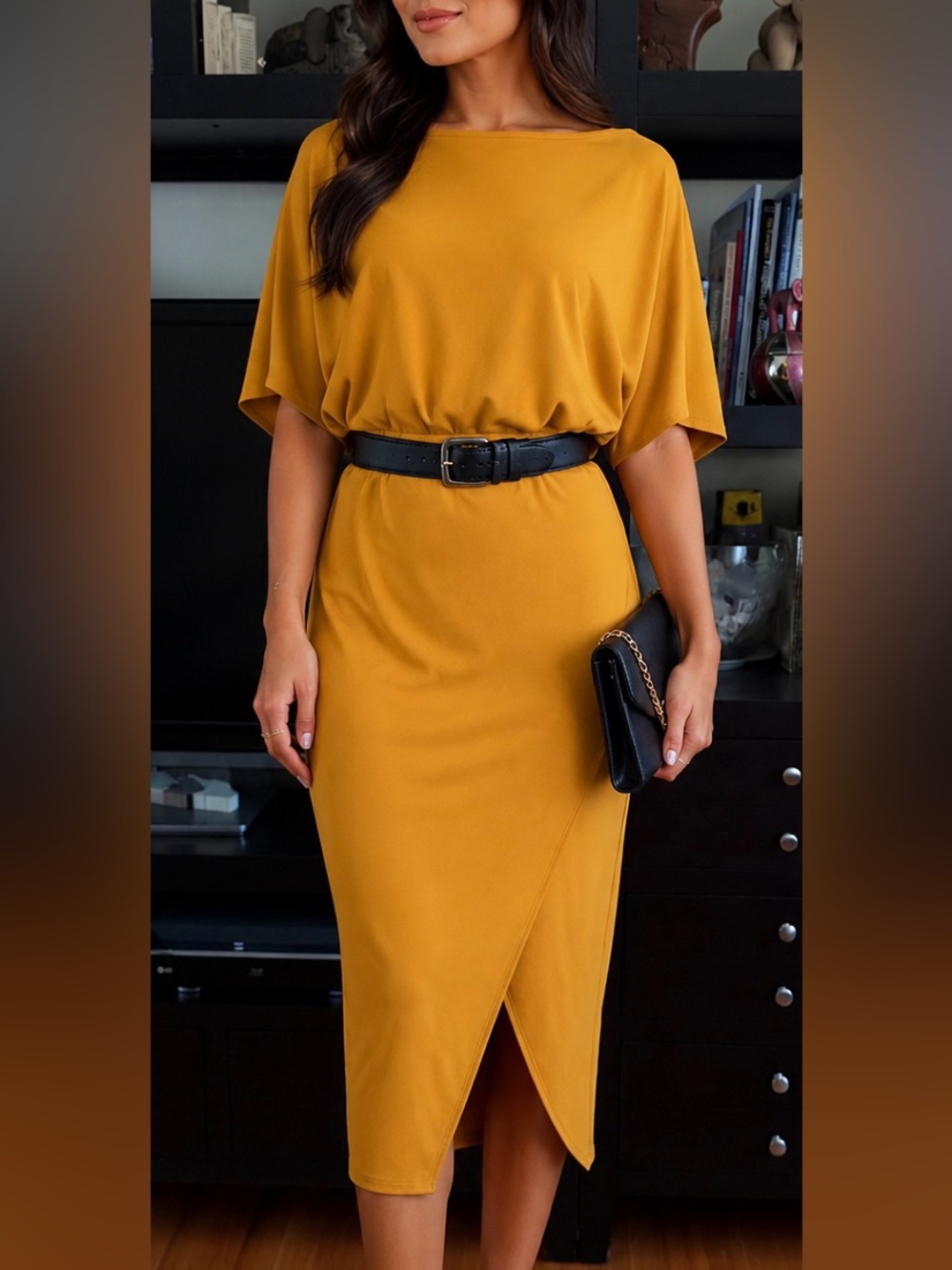 Fashion Nova “Please Hold” Midi Dress in Mustard